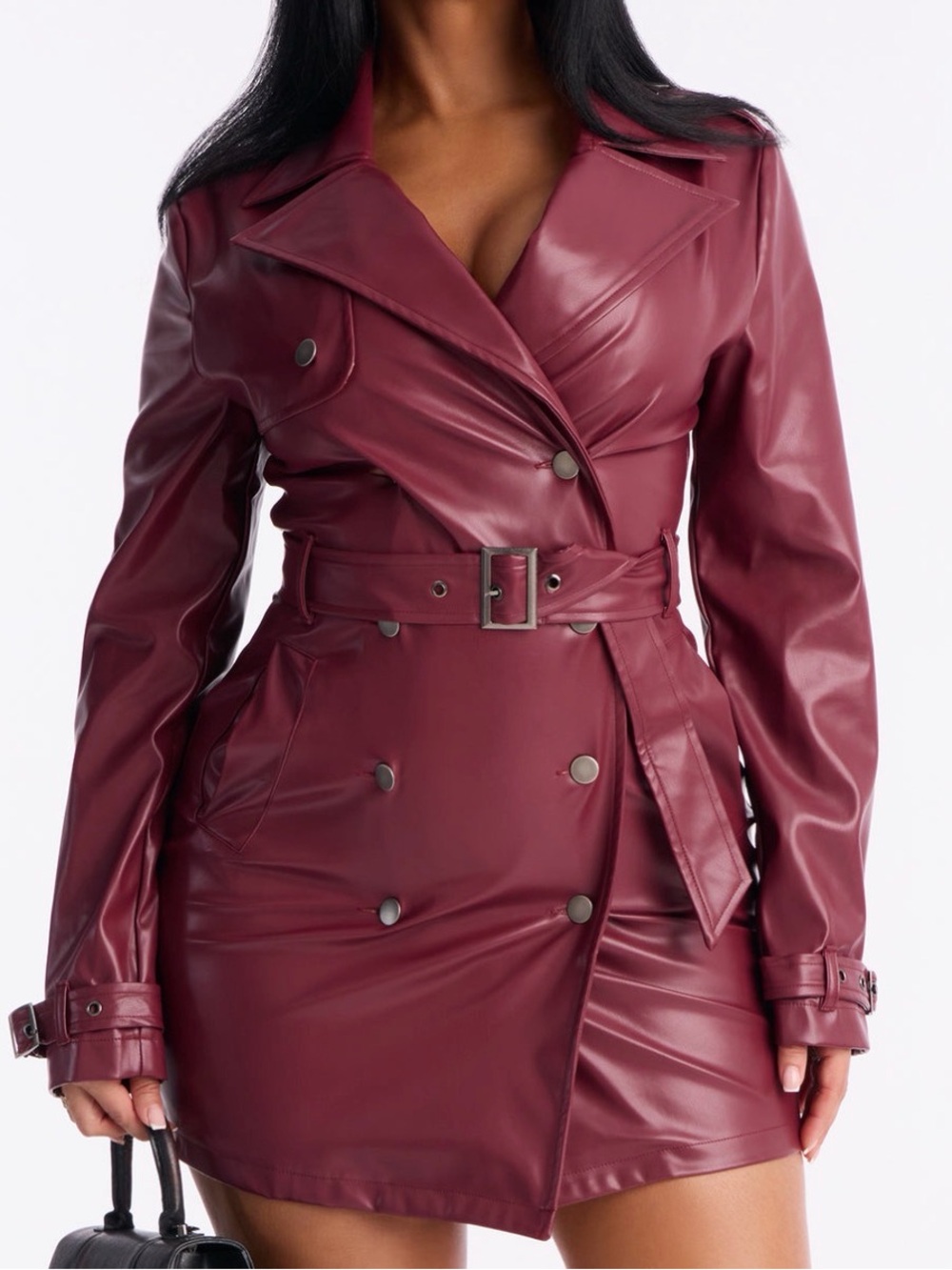 FASHION NOVA Faux Leather Burgundy Trench Mini Coat Dress